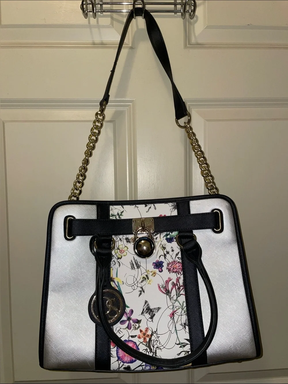 Source Unknown Black & White Floral-Panel Tote